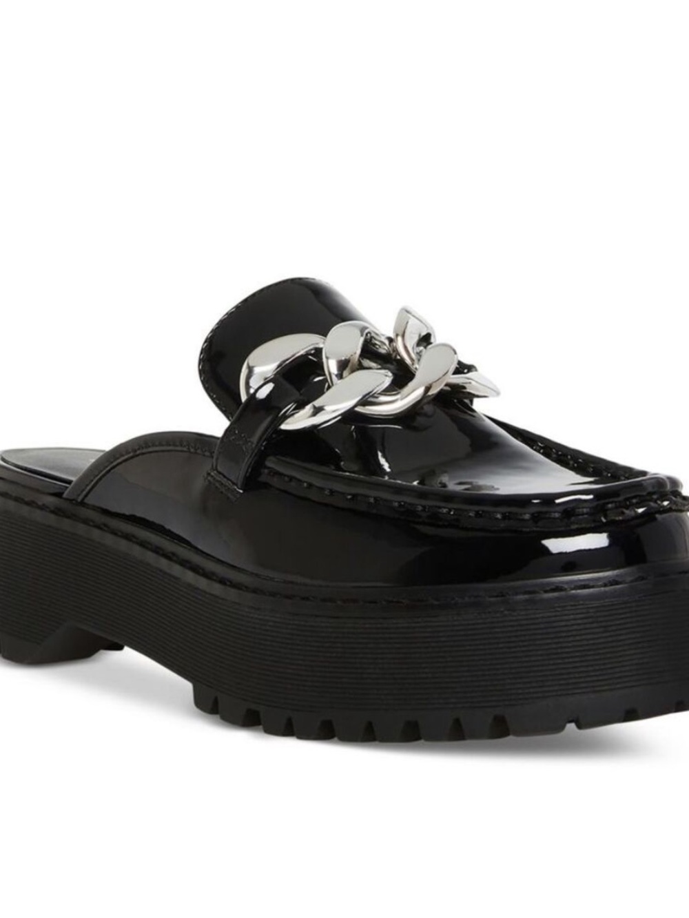 Madden Girl Dollie Black Patent Chain-Trim Platform Mule Loafer - Women | 11
